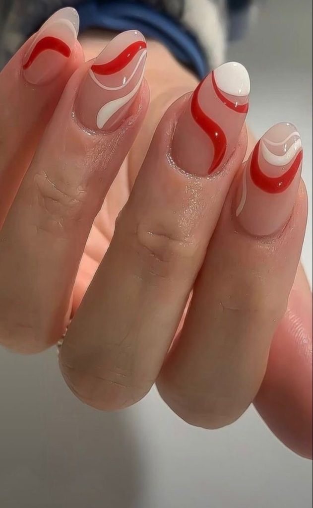 Red & White Swirls nails